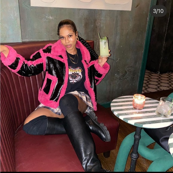 Black Vinyl Shearling Style Coat with Pink Faux Fur - Picture 3 of 4